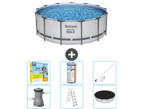Piscina BESTWAY Round Steel Pro MAX - 396 x 122 cm - Gris - Bomba incluida - Escalera - Cobertor Paquete de mantenimiento - Filtrar - kit de limpieza