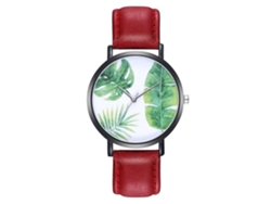 Reloj De Cuarzo Unisex Con Correa De Cuero Pu Hojas Verdes Imprimidas (rojo)