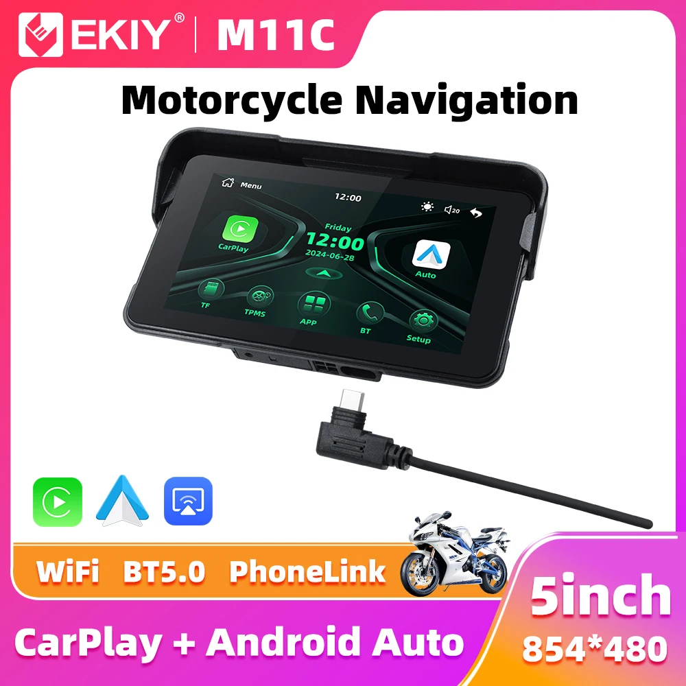 Pantalla GPS Ekiy para motocicleta con CarPlay, Android Auto y conexión inalámbrica de 5 pulgadas M11-5