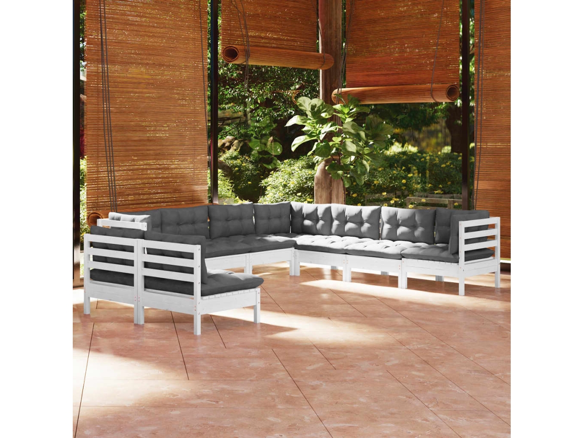 Conjunto de jardín de 9 piezas con cojines de pino macizo blanco de DKD Home Decor