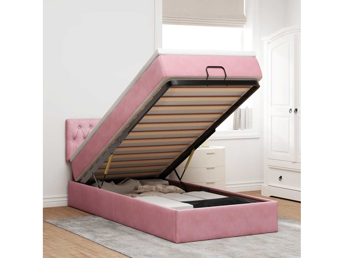 Estructura De Cama Otomana Colchón Terciopelo Rosa 90x200cm
