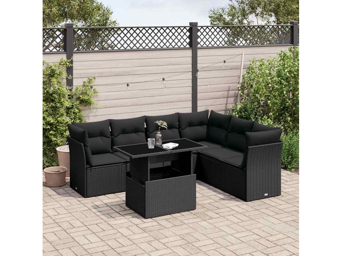 Conjunto de sofá de jardín de 7 piezas con cojines de mimbre negro de DKD Home Decor