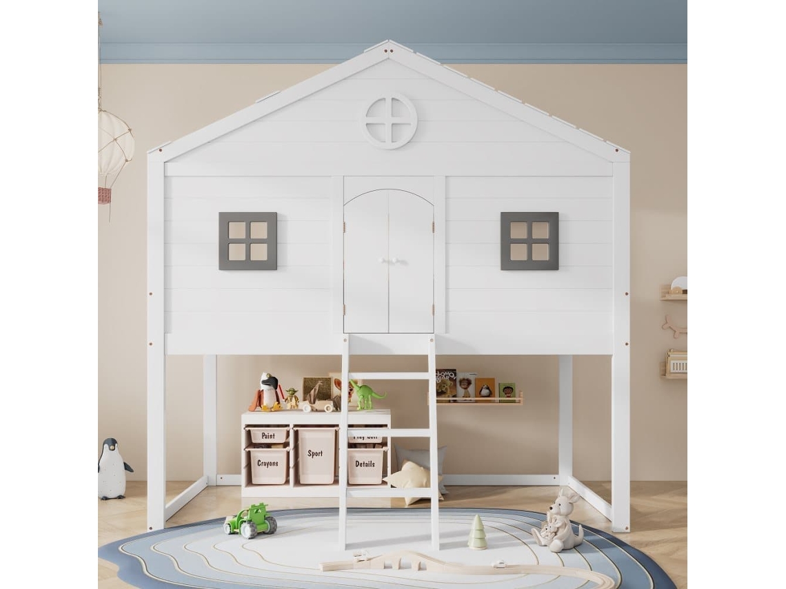 Cama Tipo Casa 90x200cm - Con Escalera, Protección Anticaídas, Dos Ventanas Grises - Blanco+gris
