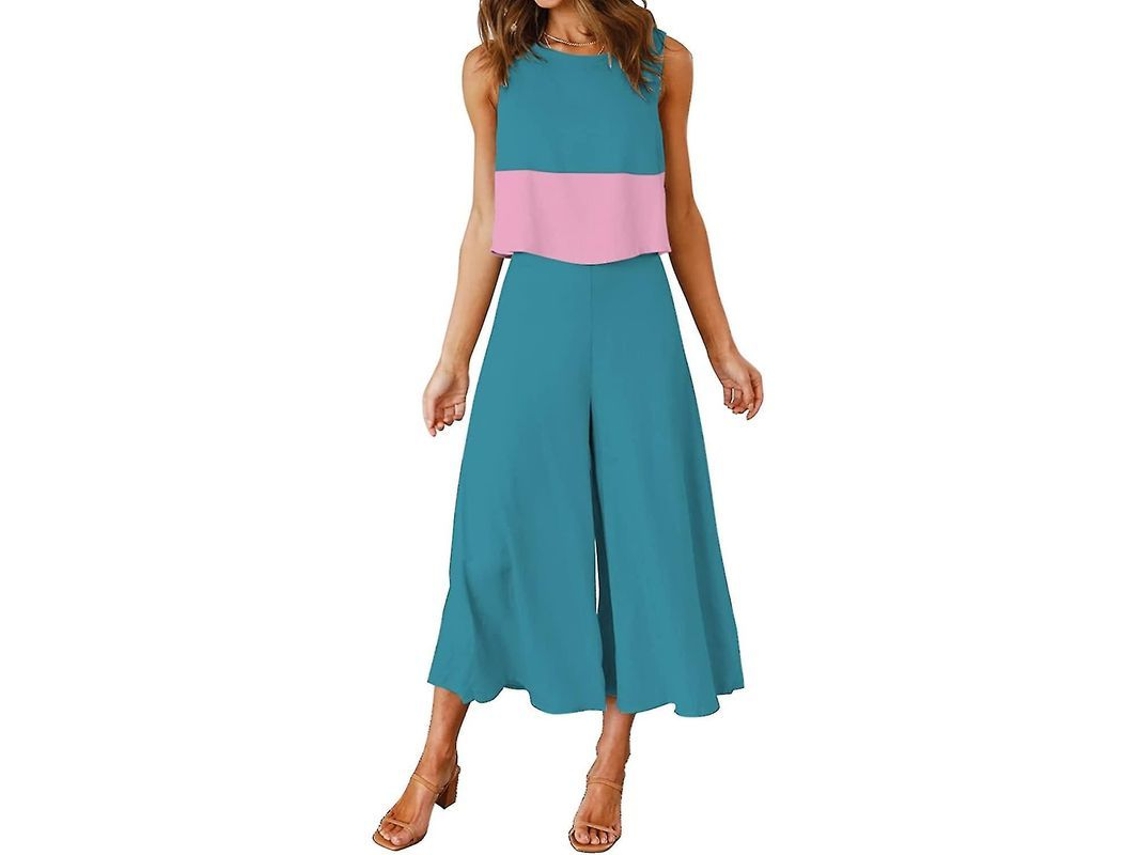 Conjunto de verano de dos piezas para mujer Roylamp 2026: top básico de cuello redondo y pantalones cortos de pierna ancha.