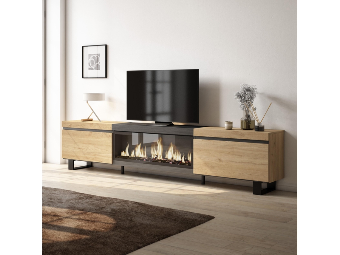 Mueble TV, Televisión, 267x57x35 cm, Para TV gran formato, Chimenea eléctrica XXL, Diseño industrial, Roble y negro SKRAUT HOME