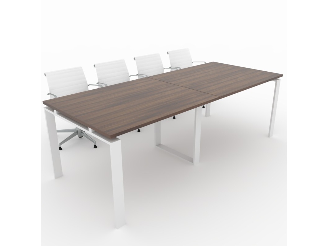 Mesa de Reuniones, hogar y Oficinas. Estructura metálica abierta color Blanco, Tablero melamina color Nogal. (240x100). Fabricado en España. OFICIT
