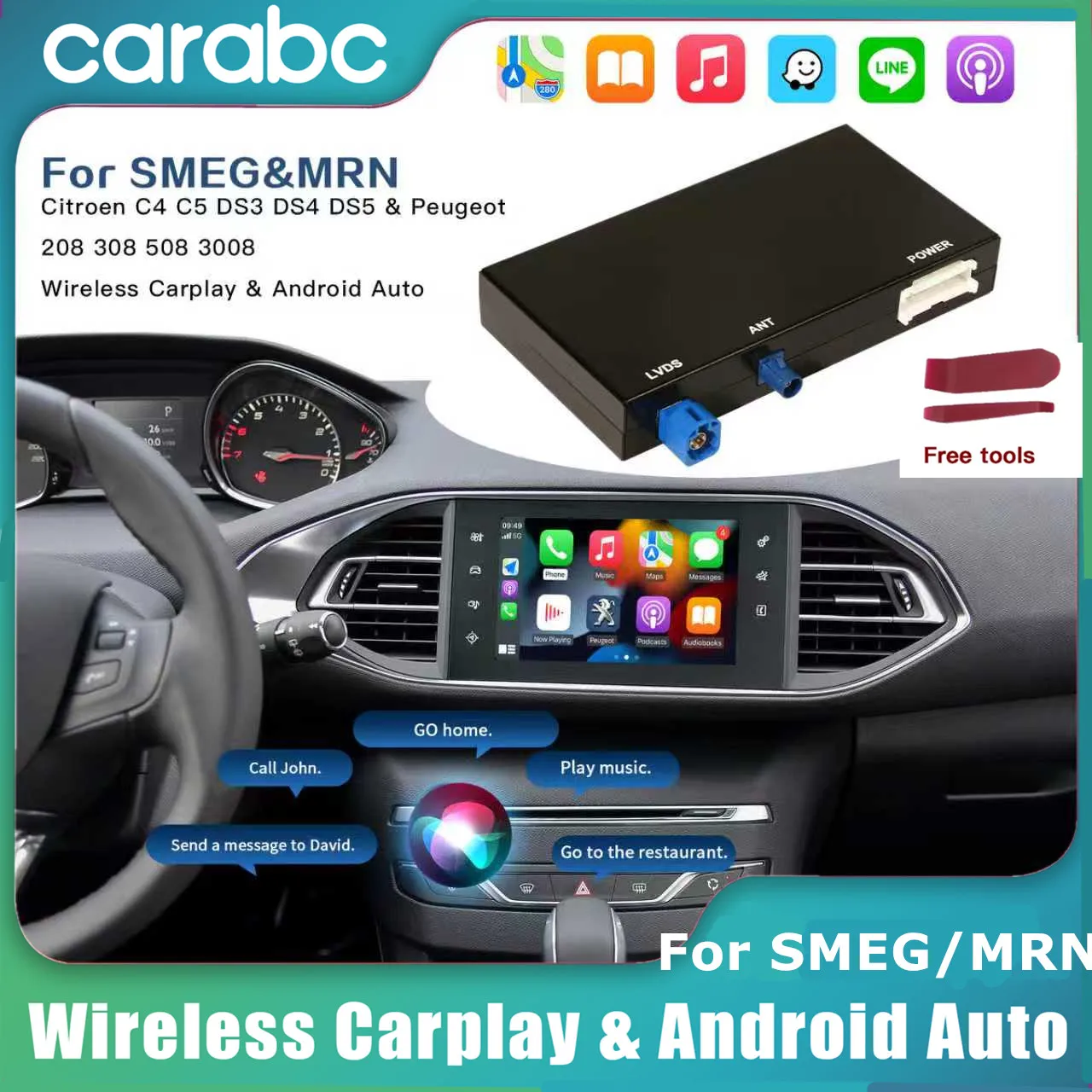 Cámara de visión trasera inalámbrica Carabc compatible con CarPlay y Android Auto para Peugeot Citroën Smeg MRN 208 308 508 3008 C4 C5 DS3 DS4 DS5 CX-SMEG-01