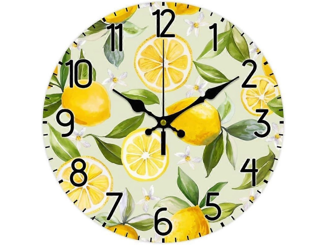 Reloj Pared Limón 30cm Silencioso Sin Tictac Redondo Madera Pilas Fruta Estilo Granja