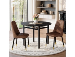 Conjunto De Mesa Redonda De Madera (100 Cm) En Color Negro, 2 Sillones Con Tapicería De Tela Marrón Y Metal Negro.
