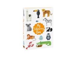My Coloring Box Kit para colorear con 12 rotuladores/18 lápices de colores/6 colas brillantes, 1 libro para colorear y 36 pegatinas BIC