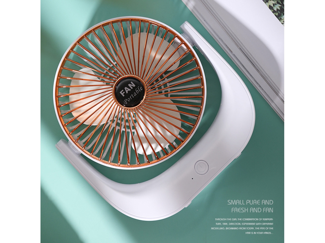 Mini ventilador de escritorio portátil silencioso de 3 velocidades, recargable por USB-C y ajustable.