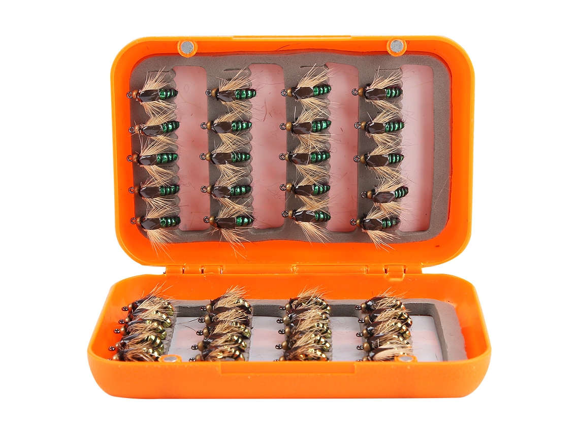 Kit De Señuelos Para Pesca Con Mosca, 40 Moscas Artificiales Para Trucha Con Anzuelos De Acero Al Carbono Y Caja Dorada Y Verde.
