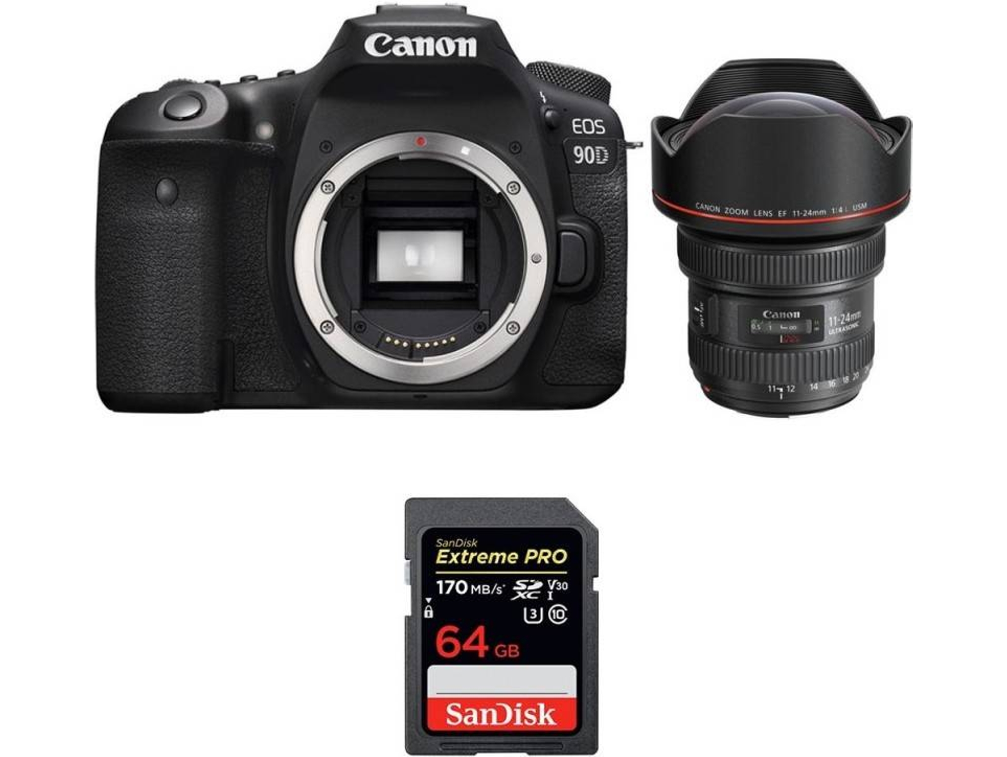 Kit Cámara Réflex CANON EOS 90D + EF 11-24mm f/4L USM + SanDisk 64GB