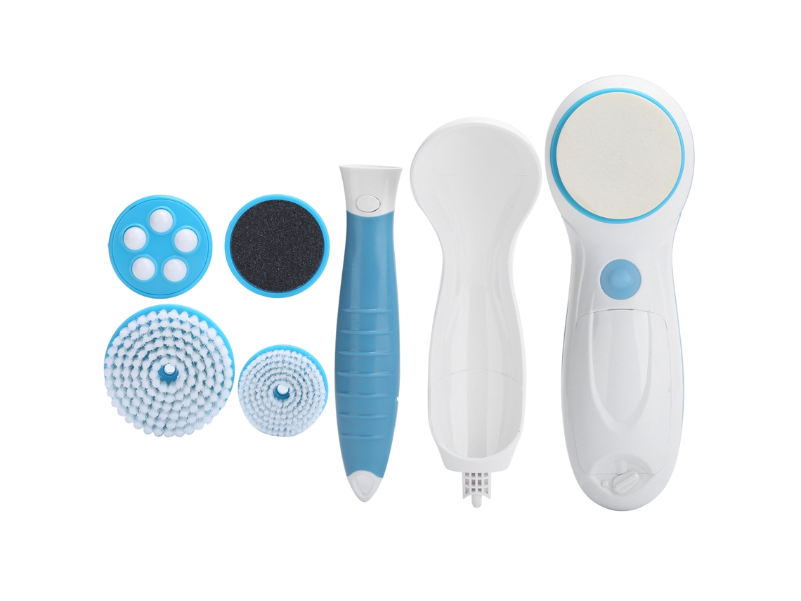 Cepillo eléctrico 6 en 1 para limpieza y exfoliación corporal y facial con cabezales de masaje intercambiables.