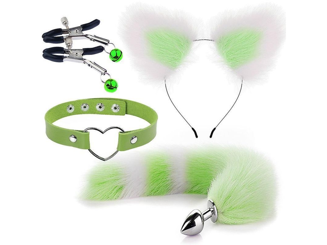 Dan26-conjunto De Juguetes Eróticos Cola De Zorro Con Plug Anal Pinzas Orejas Collar Para Rol Verde Blanco 2