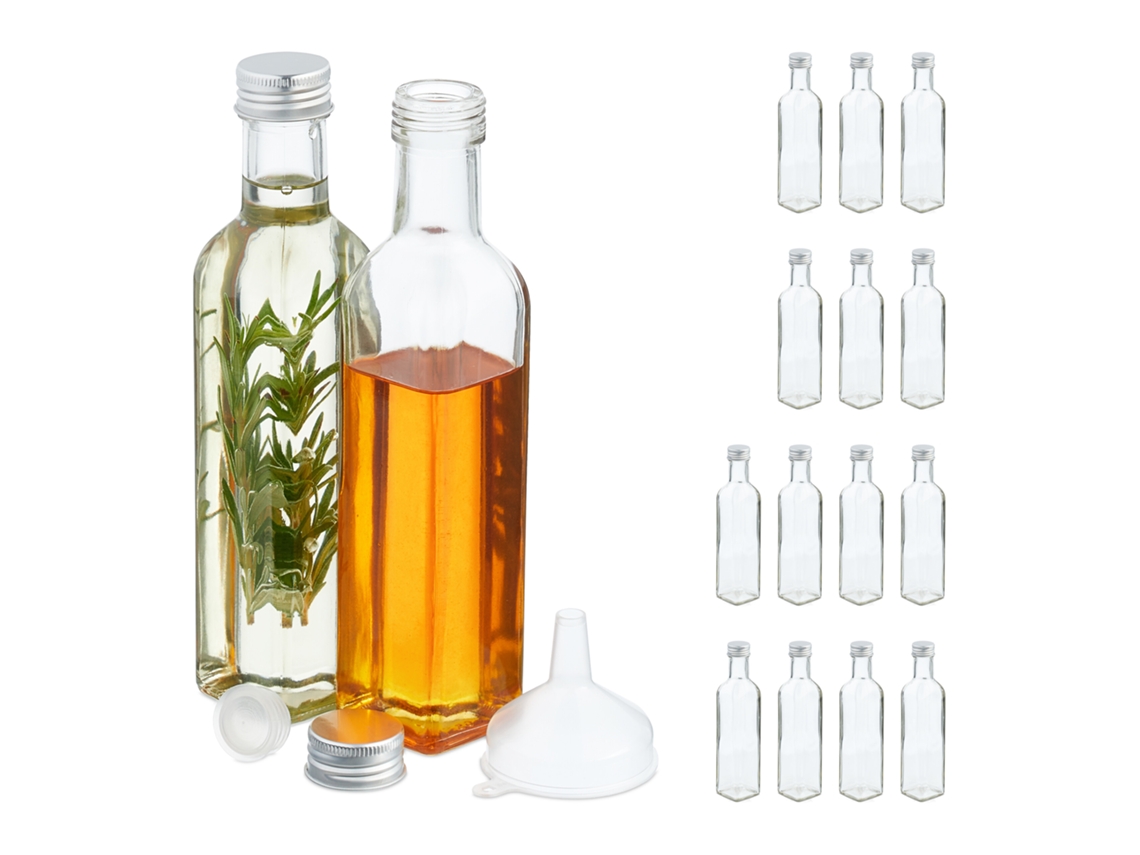 Relaxdays 16 Botellas Vidrio Para Rellenar, Botellitas Vacías Para Licor, Aceite O Zumo, Cuadradas, 250 Ml, Transparente