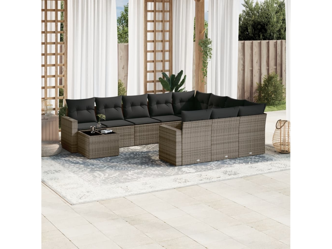 Conjunto de sofá de jardín de 11 piezas con cojines, ratán gris, DKD Home Decor
