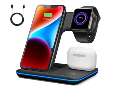 Estación de carga inalámbrica 3 en 1 para iPhone 15/14/13/12/11/XR/XS/X/8 y Apple Watch 8/7/6/5/4/3/2/SE (negro) CHRONUS