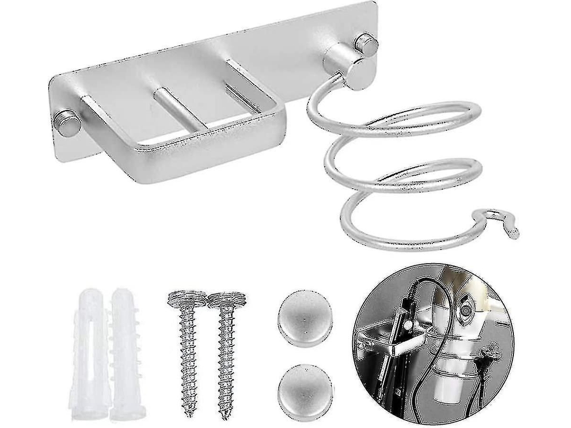Soporte de pared de aluminio para secador de pelo GOKOCO, con cable y espacio de almacenamiento.