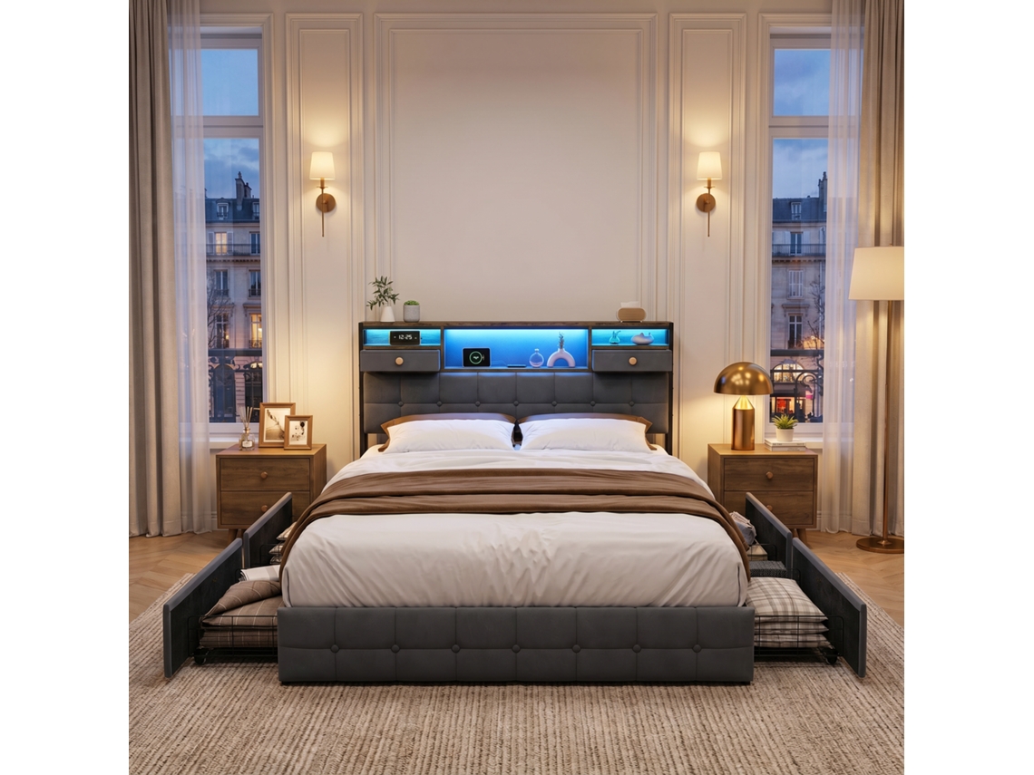 Cama De Matrimonio 160x200 Cm Con 4 Grandes Cajones, Cama Baúl Con Iluminación Led Y Puertos Usb, Cabecero Con Almacenamiento, Terciopelo Gris