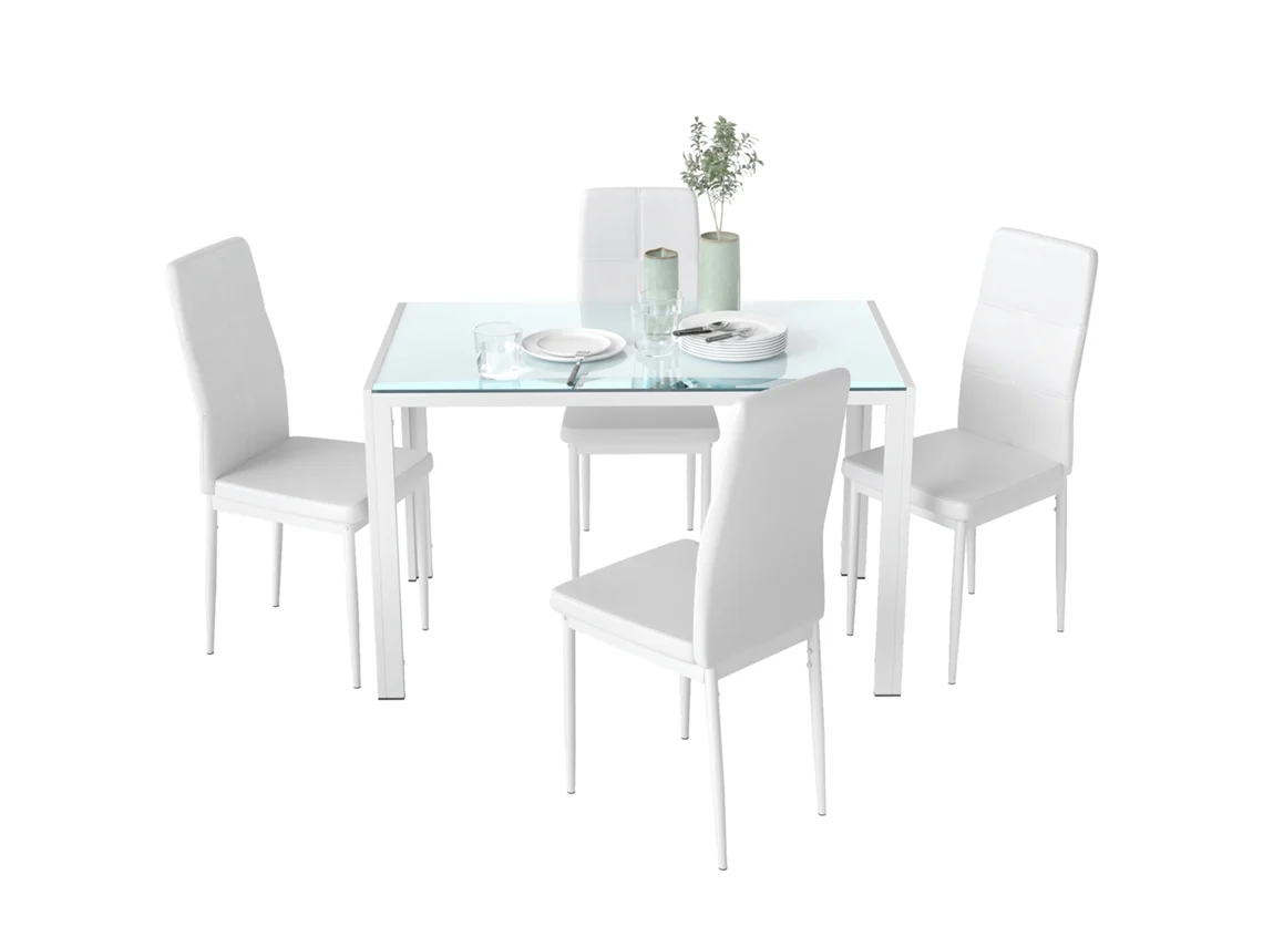 Conjunto Jantar 5 Peças Mesa Vidro Temperado Cadeiras Pu Estofadas Branco