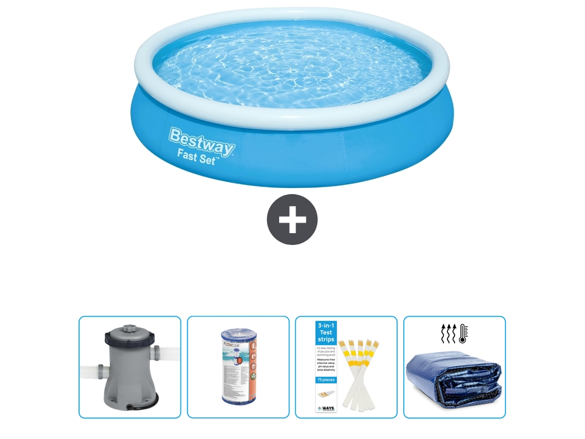 Piscina hinchable redonda Fast Set BESTWAY - 366 x 76 cm - Azul - Bomba incluida Filtrar - Tiras de prueba - Vela solar