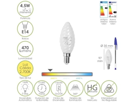 Bombilla led filamento vela esmerilada e14. 4,5 watt. equivale a 35 watt. 470 lumenes. luz calida 2700 k.