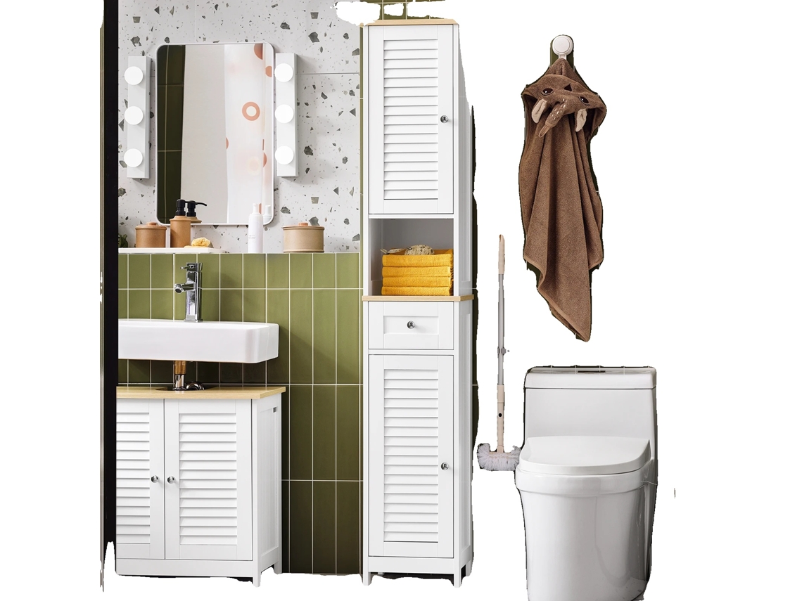 Armario de baño, diseño moderno, múltiples compartimentos de almacenamiento, blanco y natural.
