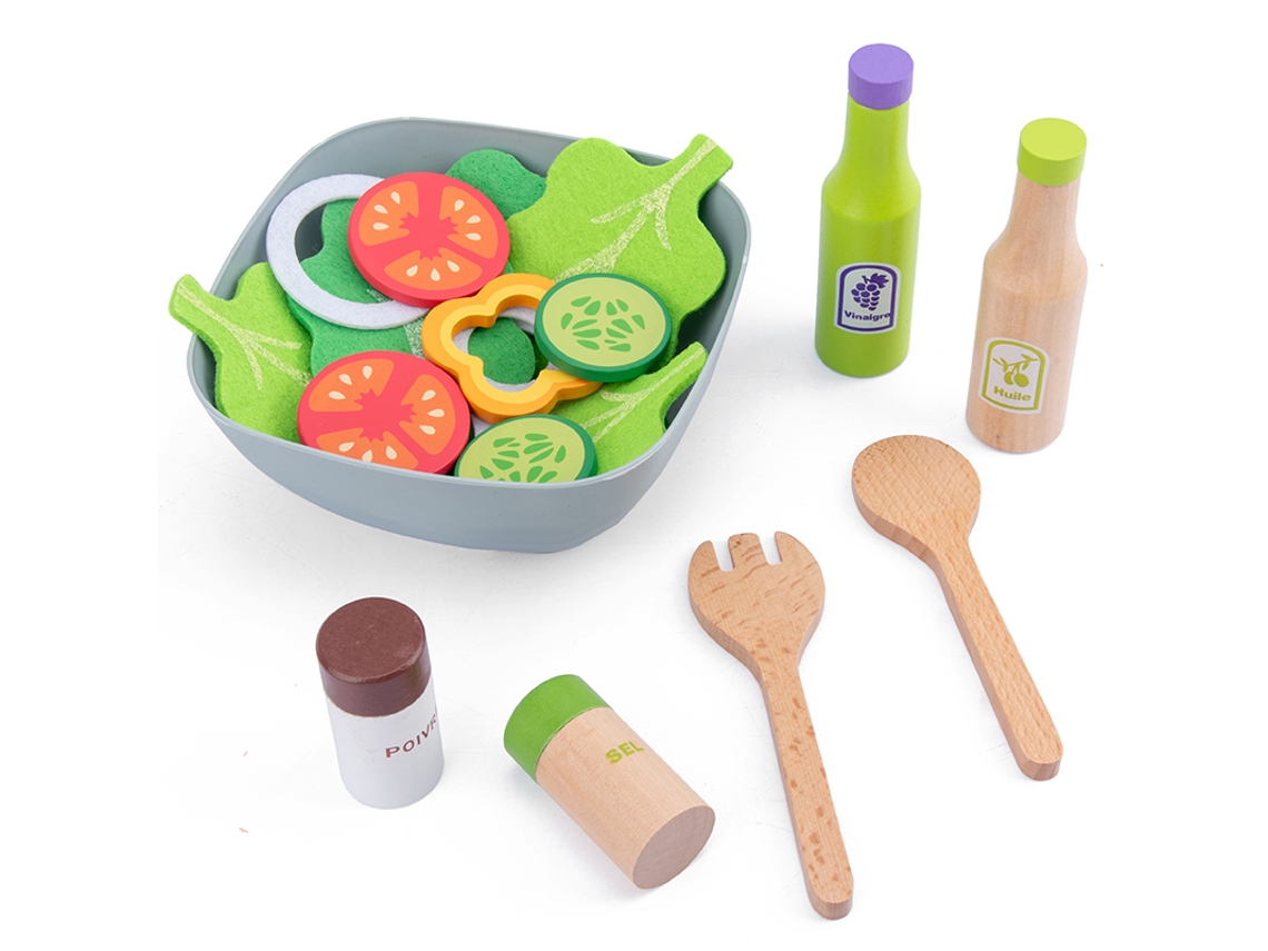 Cocina infantil de juguete, ollas y sartenes de madera simuladas Mdug (ensalada de verduras)