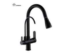 Grifo 3 En 1 (negro) - Purificador De Agua - Manijas Dobles - Rociador Extraíble - Cuerpo De Latón - Cromado