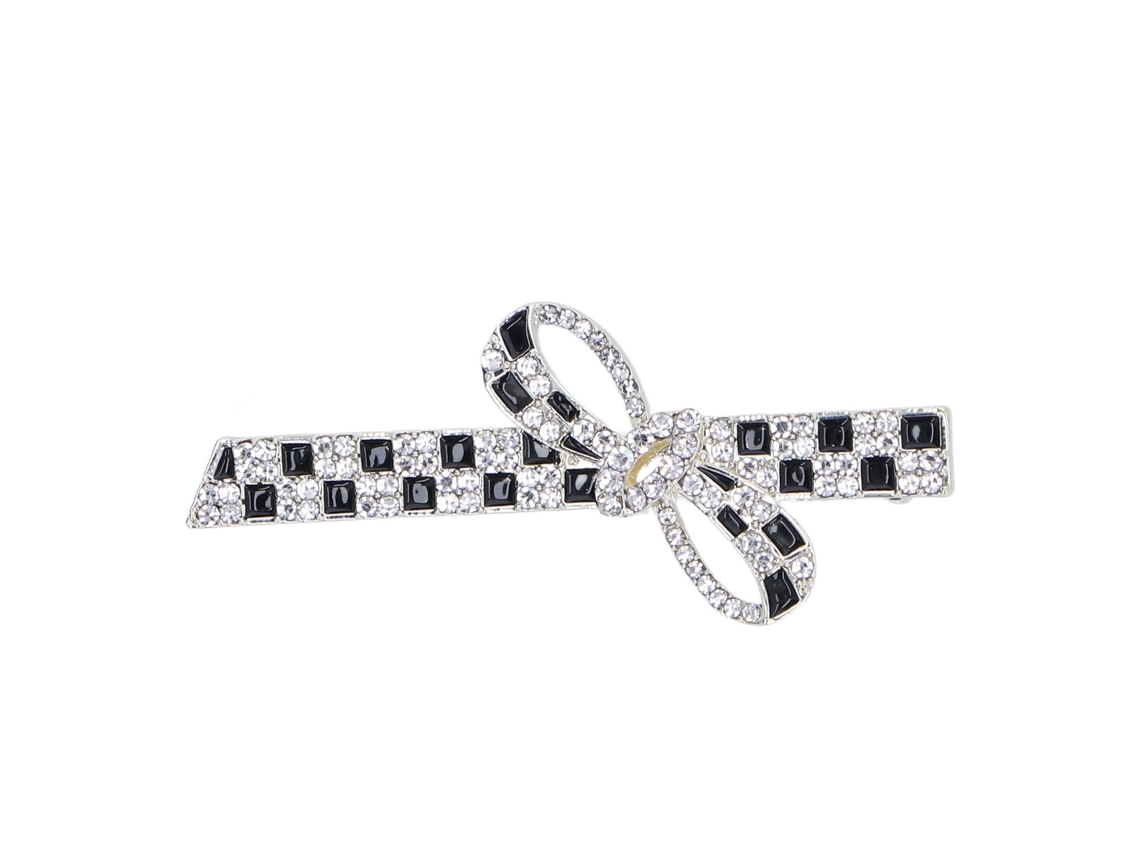 Pinza Para El Cabello A Cuadros Blancos Y Negros Con Un Delicado Lazo De Pedrería, Estilo Kawaii.