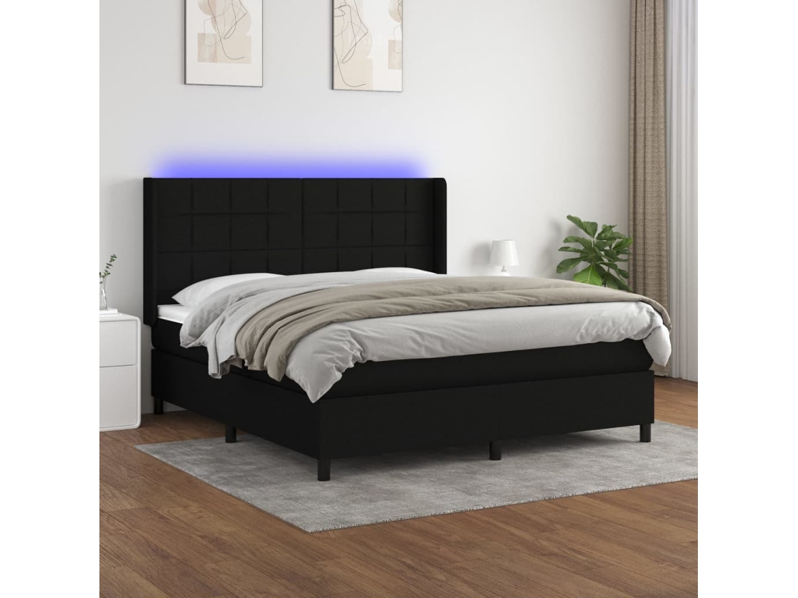 Cama Box Spring Colchón Y Luces Led Tela Negro 180x200 Cm