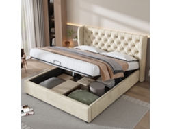 Cama Tapizada En Terciopelo Beige, De 140x190 Cm, Con Cabecero Con Alas Laterales, Compartimento De Almacenamiento Hidráulico Y Somier De Láminas.
