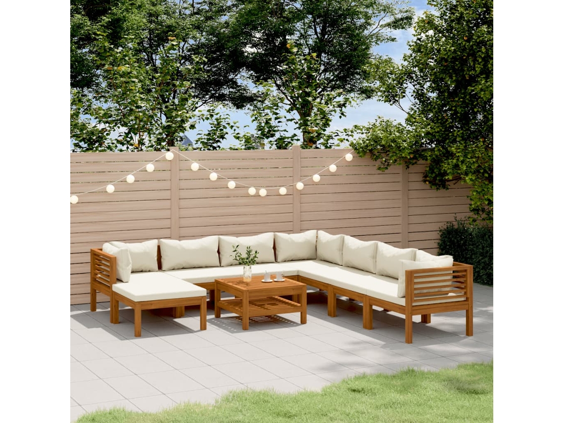 9 Piezas Conjunto Lounge Jardim C/ Almofadões Creme Acácia Maciça Dkd Decoración Del Hogar