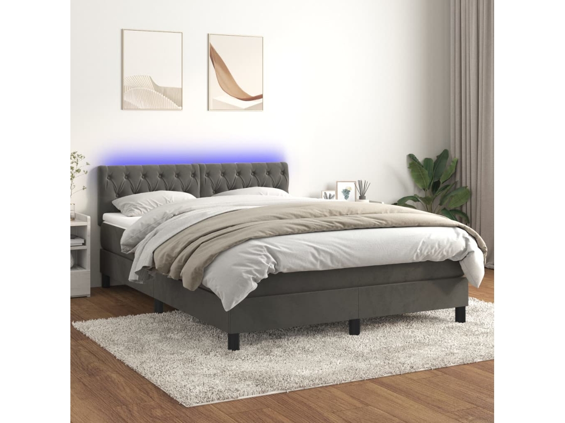 Cama Box Spring Colchón Y Led Terciopelo Gris Oscuro 140x190 Cm