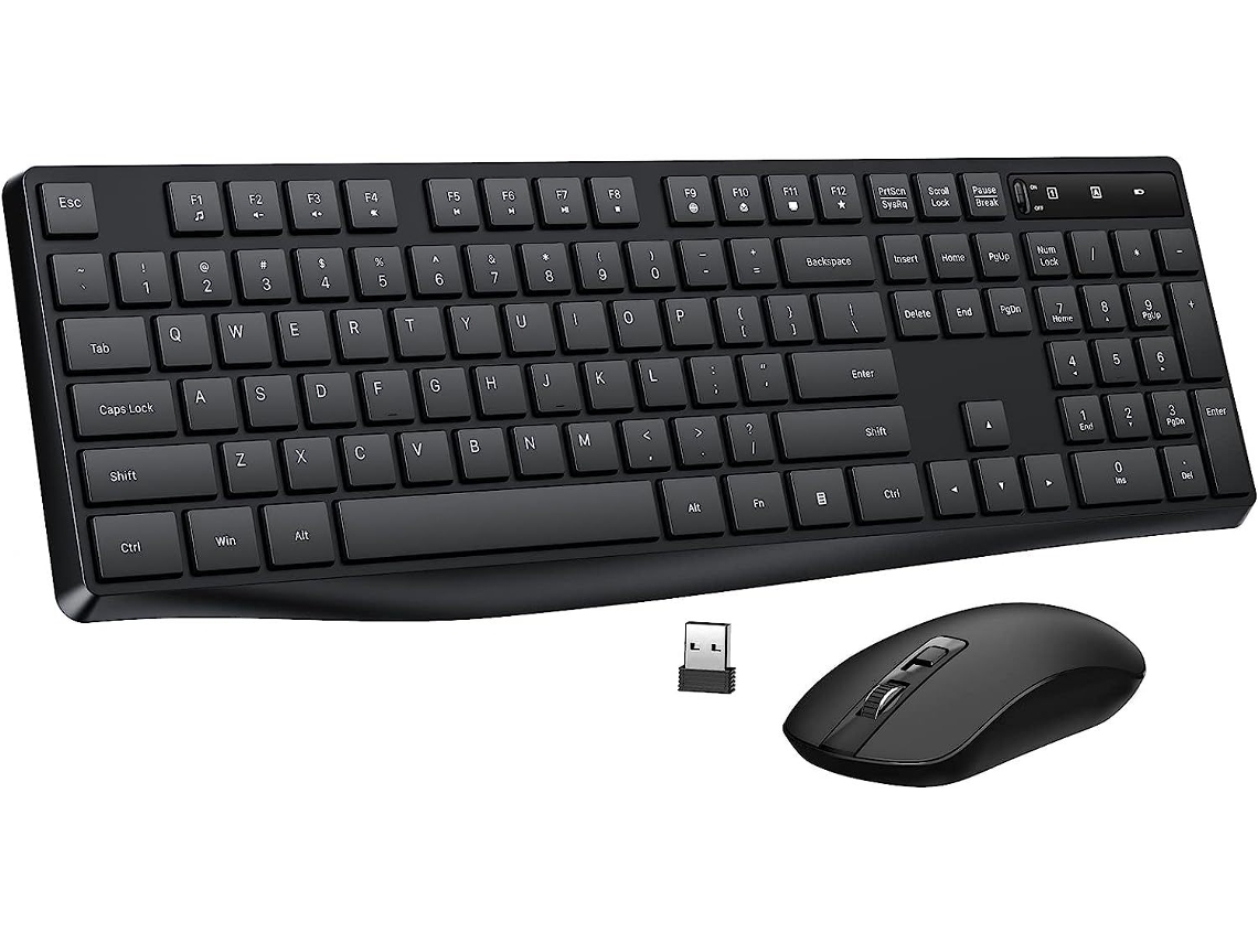 Combo Teclado Raton Inalambrico Tamano Completo Ergonomico Usb Silencioso Uk, 12 Accesos, Negro