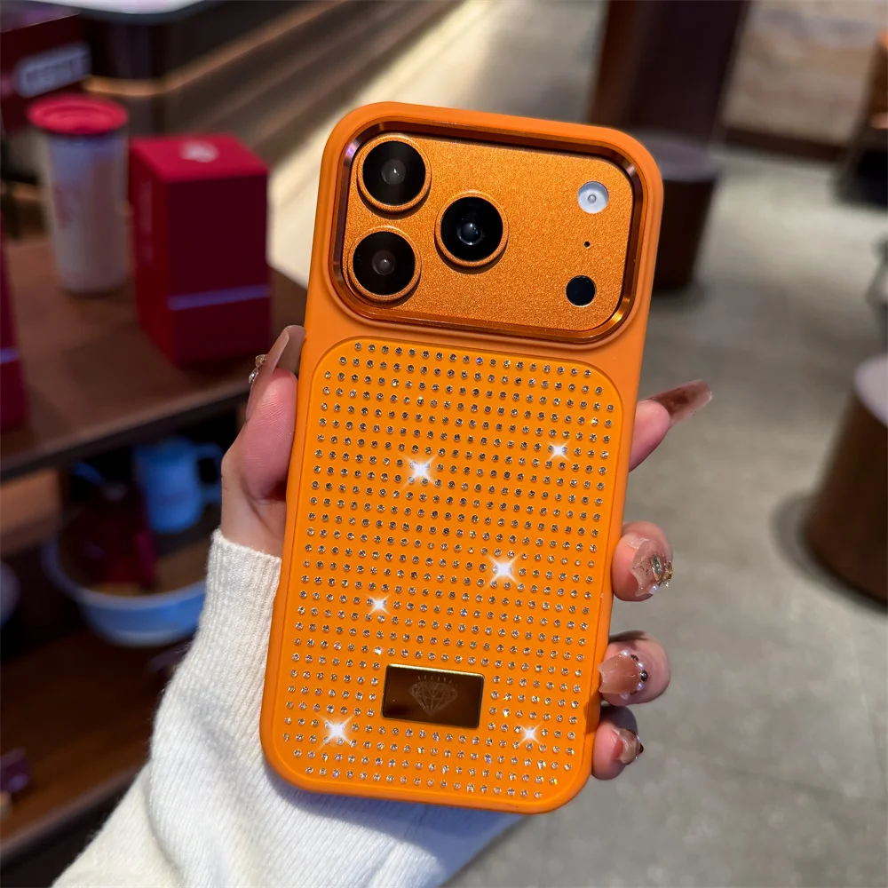 (iphone 13 Pro Max, Naranja) Caso De Teléfono Flash Para Niña Con Diamantes Para Iphone, Caso A Prueba De Golpes