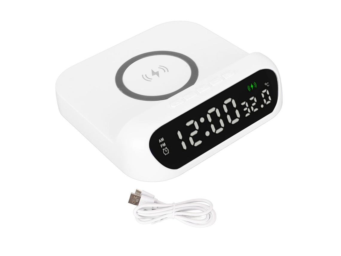 Reloj despertador con carga inalámbrica de 10 W, pantalla LED y visualización de temperatura.