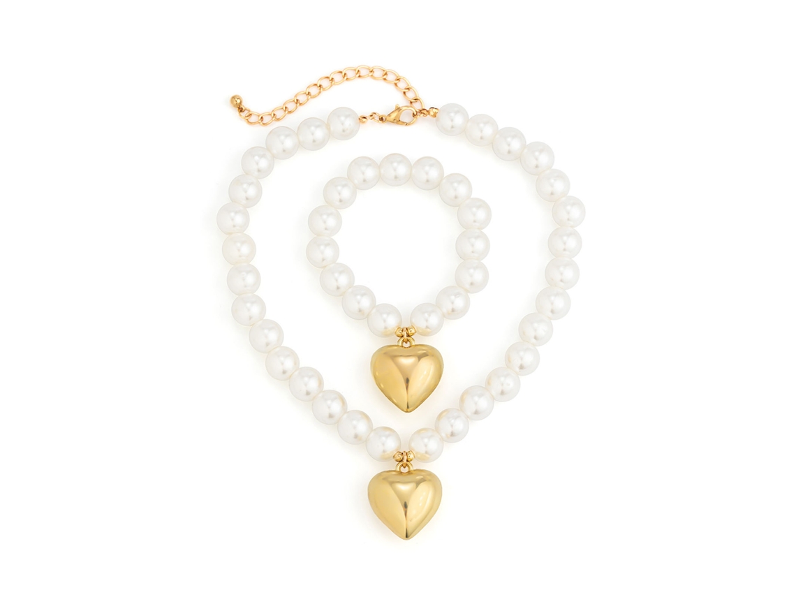 Elegante Conjunto De Collar Y Pulsera Para Mujer Con Cierre De Corazón, Perlas Artificiales, Ccb