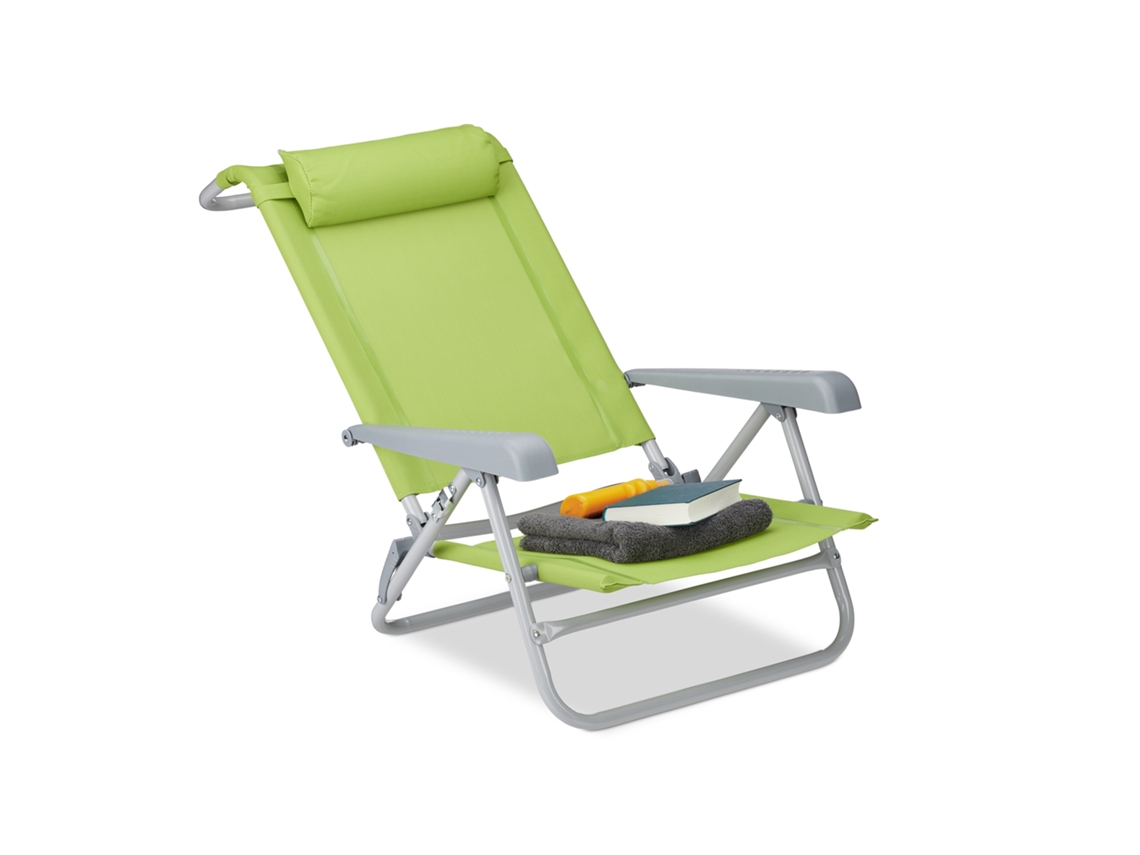 Relaxdays Tumbona Plegable Con Reposacabezas, Abrebotellas, Reposabrazos Ajustable, Plástico, Acero, 120 Kg, Verde