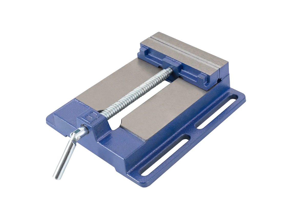 Tornillo de banco para taladro, mordazas ajustables, mango giratorio de 360°, color azul claro.