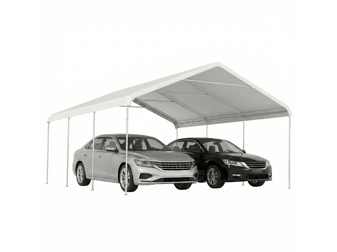 Carpa de garaje portátil de 5x6 m con estructura de acero galvanizado, impermeable, resistente a los rayos UV, refugio para herramientas, color crema.