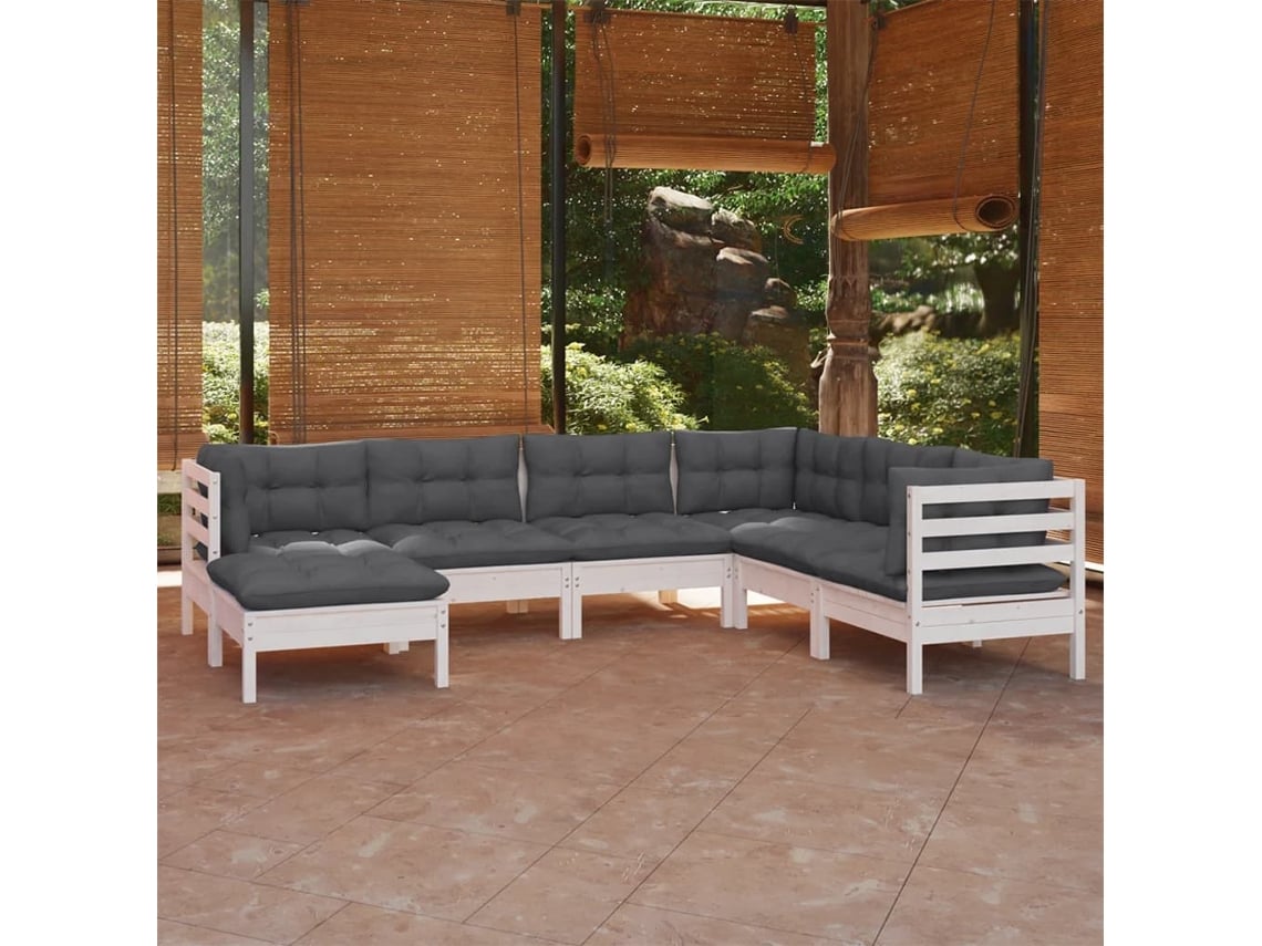 Conjunto de jardín DKD Home Decor de 7 piezas con cojines de pino macizo blanco