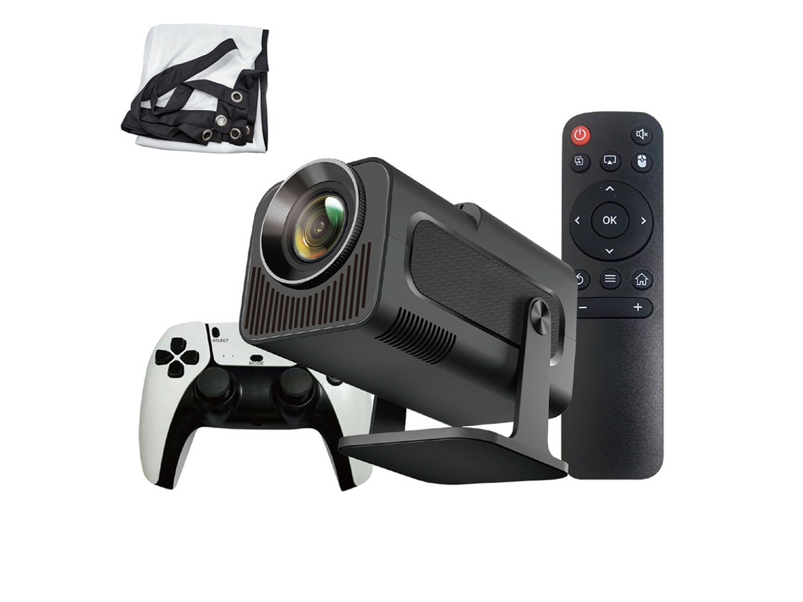 Miniproyector portátil Szsmart Hcs350m con pantalla 4:3 de 60'', Android 11, 2 GB + 8 GB de RAM, Wi-Fi 6, compatibilidad con 4K 240p ANSI, incluye 2 gamepads y 36 000 juegos retro.