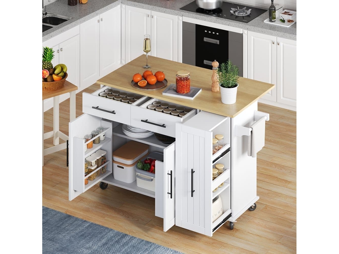 Isla Cocina 120cm - Hoja Abatible, Cajones, Ruedas - Blanco+natural