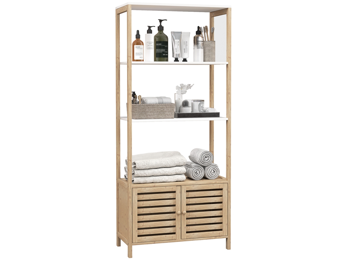 Prateleira Banheiro Bambu 3 Prateleiras Portas Ripadas 63x30x138cm Natural Branco