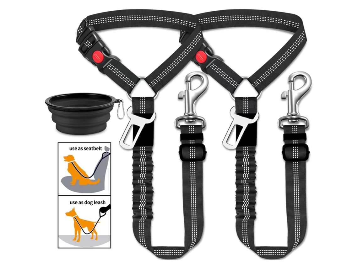 Pack 2 cinturones seguridad nailon regulables para perros, fijación triple en reposacabezas auto