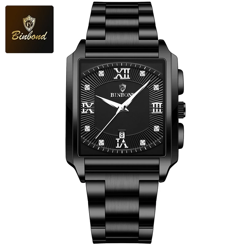 Reloj De Cuarzo Para Hombre (negro), Esfera Cuadrada, Manecillas Luminosas, Indicador De Fecha, Acero Inoxidable Resistente Al Agua.