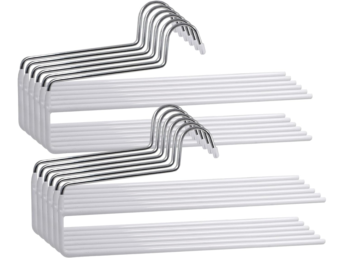 COM-FORT HOUSE - Perchas de Metal para Pantalones - Pack 12 Unidades - Perchas Color Blanco - Finas y Resistentes para Ordenar tu Ropa - con 2 Niveles para Colgar
