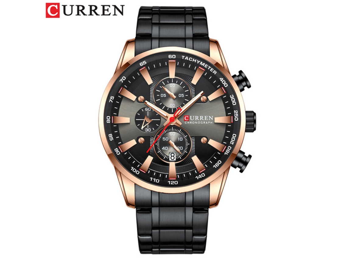 Reloj De Pulsera Moderno Para Hombre (negro Y Oro Rosa) Resistente Al Agua, Con Seis Manecillas Y Correa De Acero Inoxidable Multifuncional.